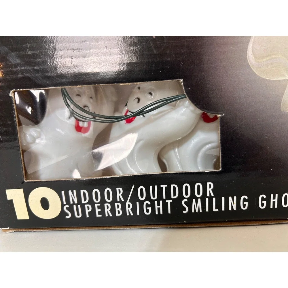 New Vintage‎ Halloween 10 Ghost Hard Plastic Blow Mold String Lights Smiling